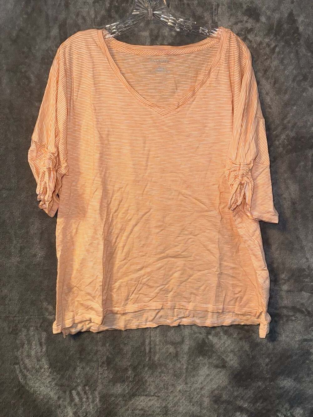 Talbots Orange & White Striped V-Neck Ruched Sleeve Top Size 1X